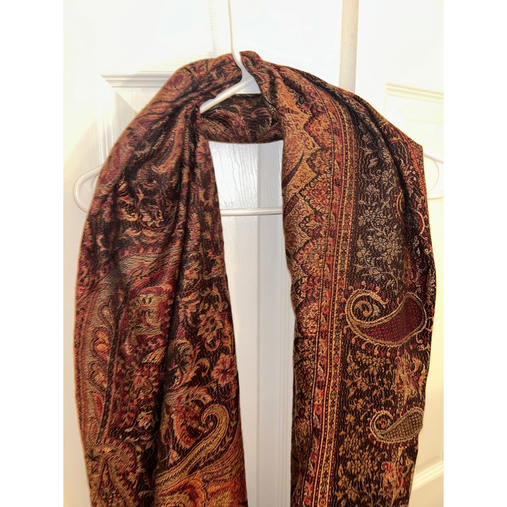 Weavers Villa Paisley Pashmina Shawl Burgundy Gold Black Jacquard Fringe Wrap